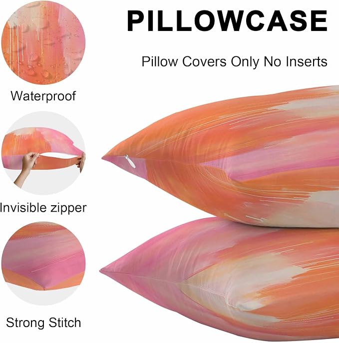 Outdoor Waterproof Pillow Covers Abstract Ombre Orange Pink Pack of 2 Lumbar Pillow Cover Oil Painting Art Decorative Cushion Pillowcases for Patio Couch Bench Garden 16 x 16 Inches