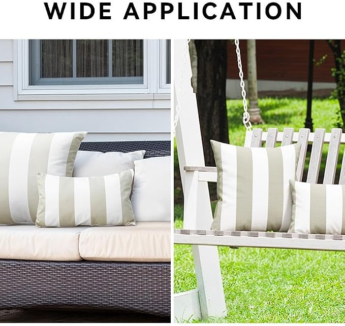 Pack of 2 Outdoor Waterproof Striped Pillow Covers Decorative Throw Covers | 18x18, Beige Grey,Garden Cushion Covers, Farmhouse Pillowcases for Couch Sofa Patio Tent Balcony