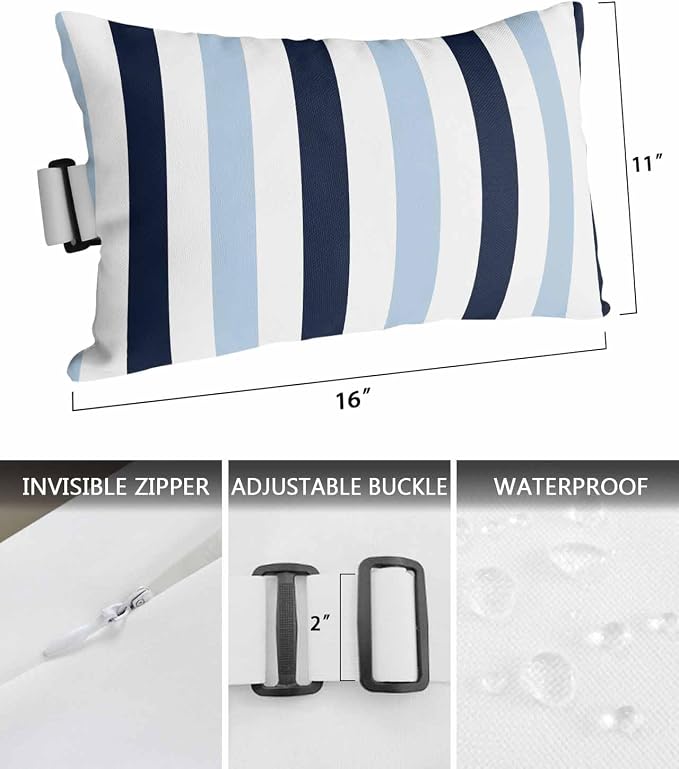 Pack of 4 Outdoor Lumbar Pillow Covers 11x16 Inch, Navy Blue Aqua Striped Waterproof Throw Pillow Covers Set, Farmhouse Stripe Art Indoor&Outdoor Decorative Cushion Cases for Patio Porch Beach