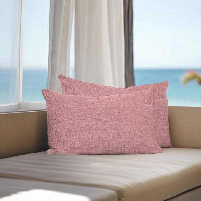 Vandarllin Outdoor Throw Pillows Covers 20x12 inch Set of 2 Waterproof Peach Pink Linen Decorative Zippered Cushion Covers for Patio Furniture, Farmhouse Pure Color Lumbar Pillowcases