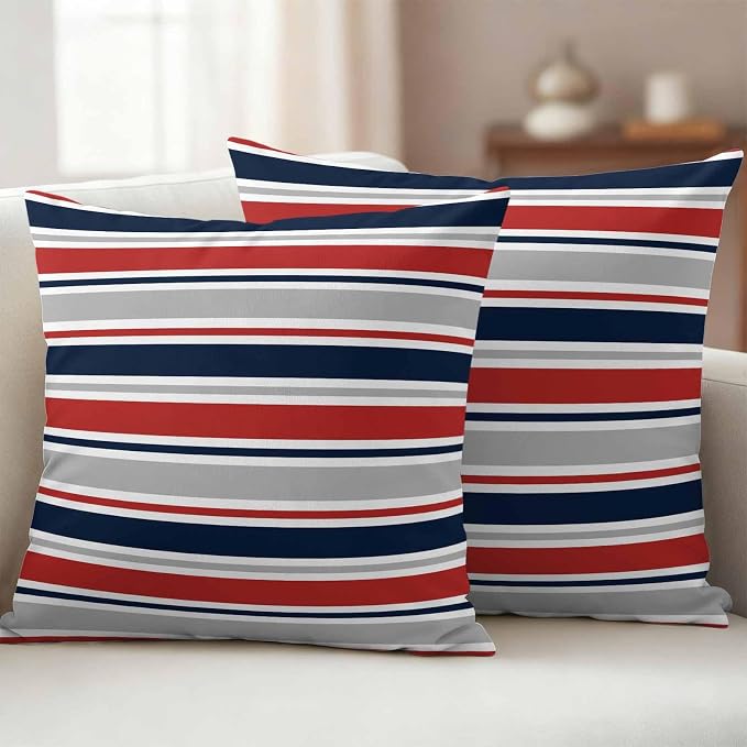 Outdoor Pillow Covers 26 x 26 Inches, Red Navy Blue Striped Waterproof Throw Pillow Cover Set of 2, Farmhouse Stripes Modern Abstract Art Decorative Square Cushion Covers for Patio/Couch/Garden