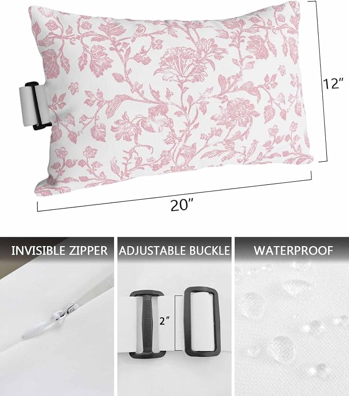 Pack of 2 Outdoor Lumbar Pillow Covers 12x20 Inch, Pink Flower Waterproof Throw Pillow Covers Set, Vintage Farmhouse Boho Leaf Spring Solid Indoor&Outdoor Cushion Cases for Patio Porch Beach