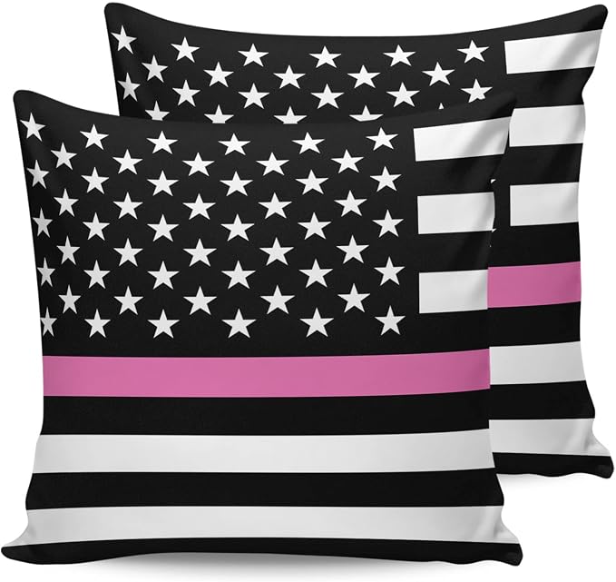 Outdoor Waterproof Pillow Covers Set of 2, Thin Pink Line Breast Cancer Awareness Women USA American Flag Patio Throw Pillow Covers, Decorative Cushion Case for Couch Sofa Furniture Garden, 16x16 Inch