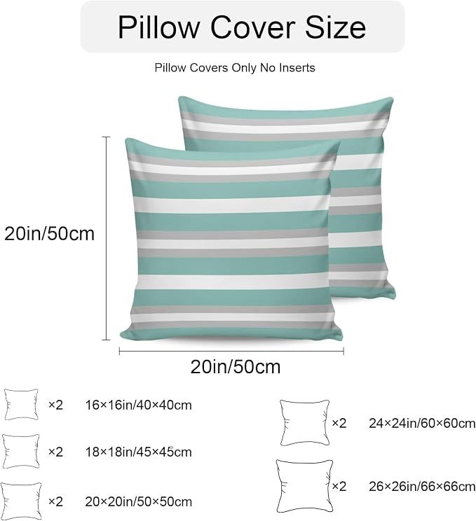 Aqua Grey Stripe Outdoor Pillow Covers Waterproof, All Weather Cushion Case Set of 2, Minimalist Farmhouse Striped Decorative Pillowcases for Sofa Couch Bed Decor Patio Furniture 16"x16"