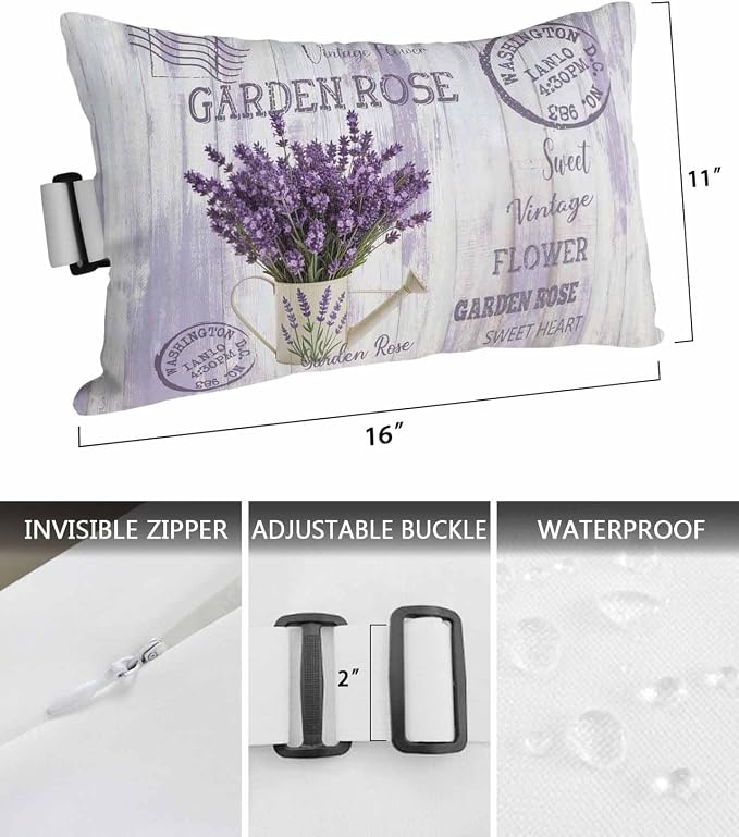 Pack of 4 Outdoor Lumbar Pillow Covers 11x16 Inch, Purple Lavender Waterproof Throw Pillow Covers Set, Vintage Farmhouse Rustic Floral Wooden Grain Outside Decorative Cushion Cases for Patio Porch Car