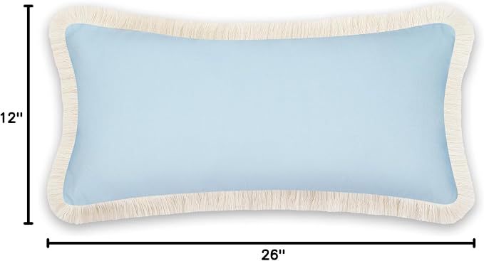 Hofdeco Premium Coastal Patio Indoor Outdoor Long Lumbar Pillow Cover Only, 12"x26" Water Repellent for Backyard, Couch, Baby Blue Solid with Fringe