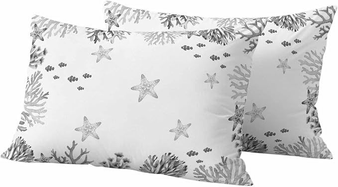 Summer Ocean Grey Coral Outdoor Waterproof Throw Pillow Covers Set of 2, 20"x12", Nautical Sea Watercolor Fish Starfish Decorative Pillow Covers Outside Cushion Case for Patio Porch Garden