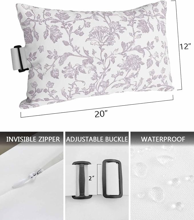 Pack of 2 Outdoor Lumbar Pillow Covers 12x20 Inch, Spring Flower Waterproof Throw Pillow Covers Set, Vintage Farmhouse Light Purple Boho Leaf Indoor&Outdoor Cushion Cases for Patio Porch Beach