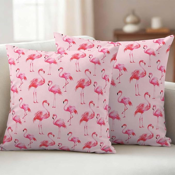 Pink Flamingo Outdoor Pillow Covers 18x18 Inch Throw Pillow Covers Set of 2 Waterproof Decorative Pillow Cases Summer Animals Cushion Covers for Patio Furniture Garden Couch Sofa