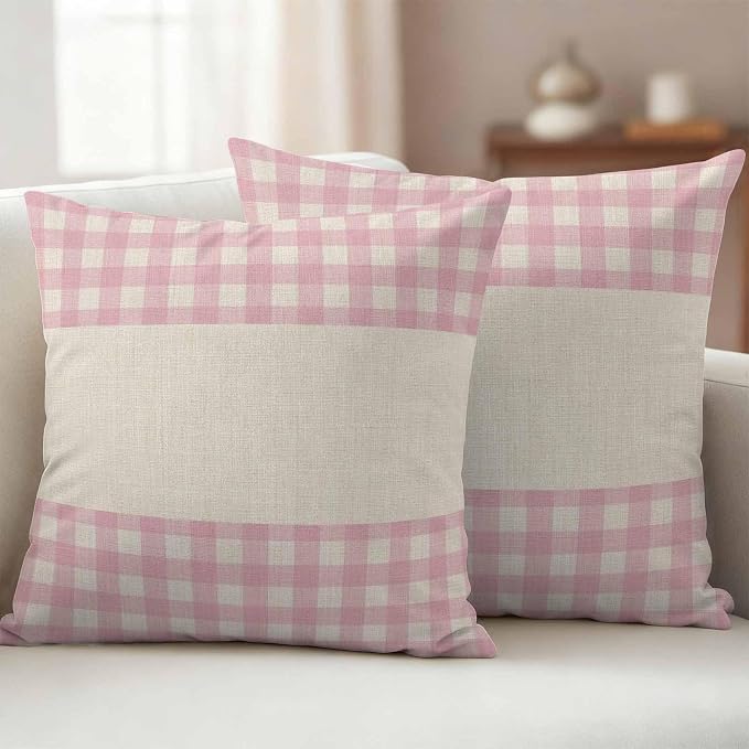 Retro Pink Outdoor Waterproof Pillow Covers, Farmhouse Buffalo Plaid Vintage Beige Decorative Square Throw Pillowcase Sofa Cushion Sham for Patio/Couch/Chair, 24"x24" 2 Pack