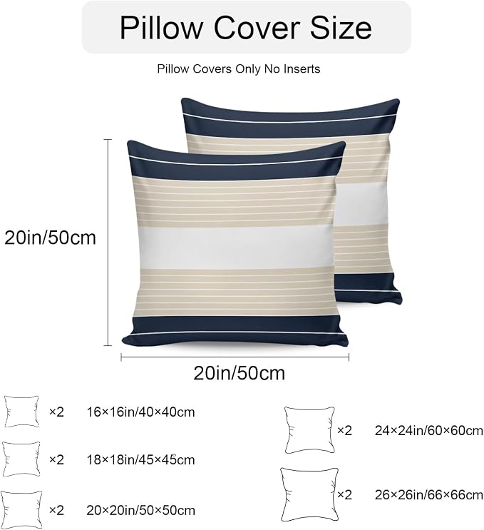 Navy Blue Beige Stripe Outdoor Pillow Covers Waterproof, All Weather Cushion Case Set of 2, Modern Art Horizontal Striped Decorative Pillowcases for Sofa Couch Bed Decor Patio Furniture 16"x16"