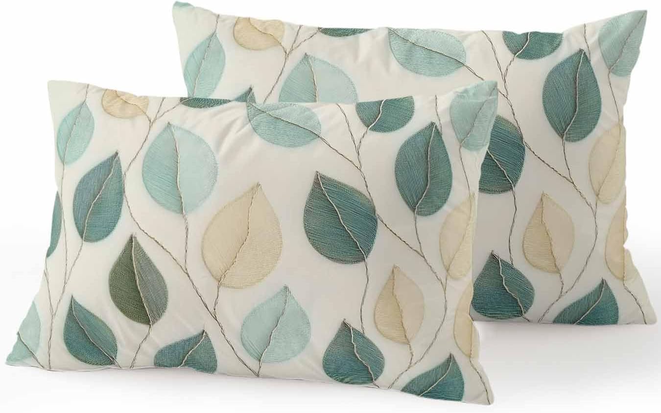 Outdoor Waterproof Throw Pillows Farmhouse Teal Green Leaf Patio Pillows Pack of 2,Decorative Pillow Covers with Insert,Pillow Cushion Case for Garden Couch Sofa Vintage Watercolor Leaves