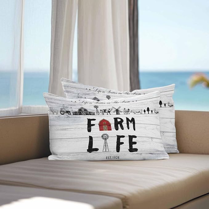 Outdoor Throw Pillows Covers 20x12 inch Set of 2 Waterproof Farm Life Decorative Zippered Cushion Covers for Patio Furniture, Farmhouse Barn Windmill Cow Chicken Tractor Wood Lumbar Pillowcases