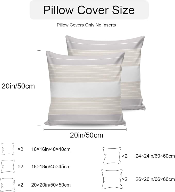 Gray Beige Stripe Outdoor Pillow Covers Waterproof, All Weather Cushion Case Set of 2, Modern Art Horizontal Striped Decorative Pillowcases for Sofa Couch Bed Decor Patio Furniture 16"x16"