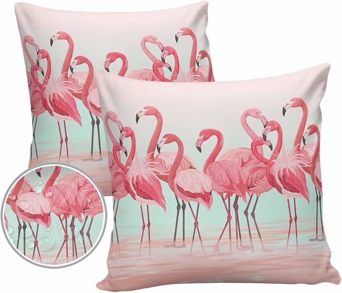 Outdoor Waterproof Throw Pillow Covers Set of 2 Pink Flamingo Pillowcases 16x16 Inches Tropical Animal Ombre Teal Patio Decorative Pillows Cushion Case Patio Pillows for Couch Bed Chair Garden