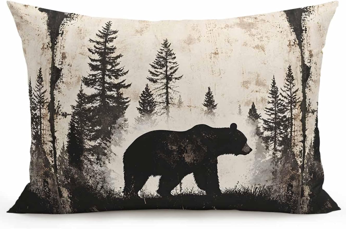 Outdoor Waterproof Throw Pillows Forest Brown Bear Silhouette Patio Pillows,Decorative Pillow Covers with Insert,Pillow Cushion Case for Garden Couch Sofa Minimalist Modern Art