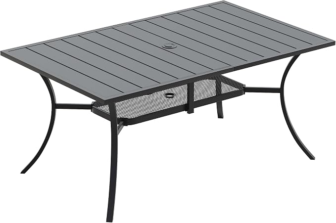 Outdoor Dining Table for 6, 59.2" Rectangle Outdoor Table with Adjustable Umbrella Hole and Storage Shelf, All-Weather Metal Patio Dining Table for Lawn Garden Backyard Deck, Black