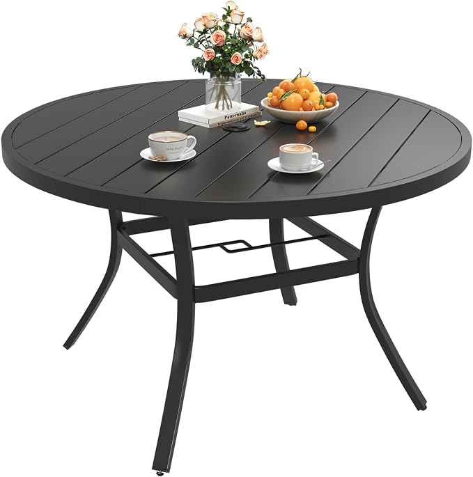 MELLCOM 47.4'' Round Outdoor Dining Table for 4-6, Metal Patio Dining Table with Umbrella Hole, All-Weather Black Table for Porch, Garden, Backyard, Poolside, Lawn