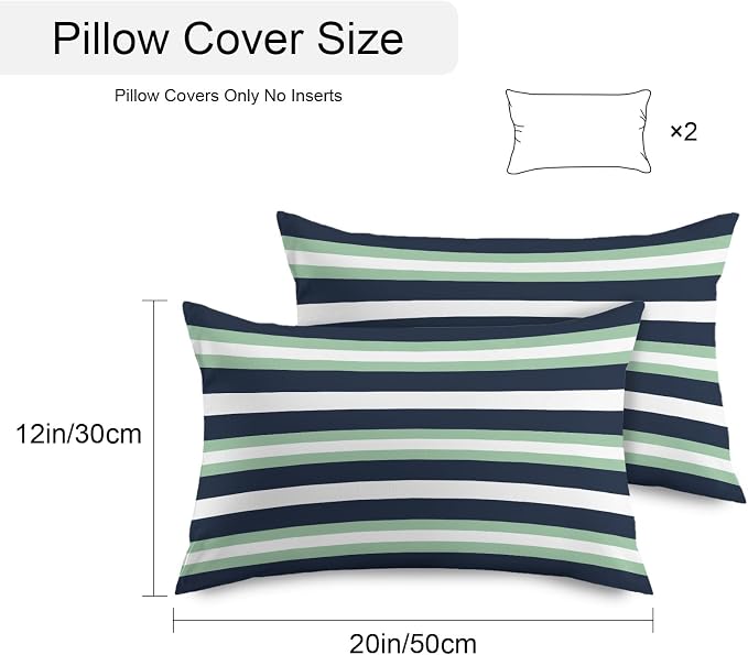Green Navy Blue Striped Outdoor Pillow Covers Waterproof, All Weather Cushion Case Set of 2, Chic Abstract Lines Geometric Lumbar Pillowcase for Sofa Couch Bed Decor Patio Furniture 20"x12"