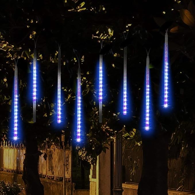 Weepong Meteor Shower Lights Outdoor Christmas Lights UL Certified Falling Rain Drop Snowfall Icicle Cascading String Light for Xmas Holiday Tree Wedding Party Garden Decor Blue, 12 Inch 8 Tubes