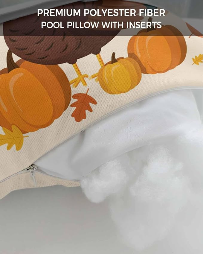 Outdoor Pillows Covers with Inserts Give Thanks Pumpkin Turkey Maple Leaf Border Waterproof Recliner Pillow with Adjustable Strap Throw Pillows for Patio Furniture Pool Lounge Chair, 11x16 inch, 1PCS