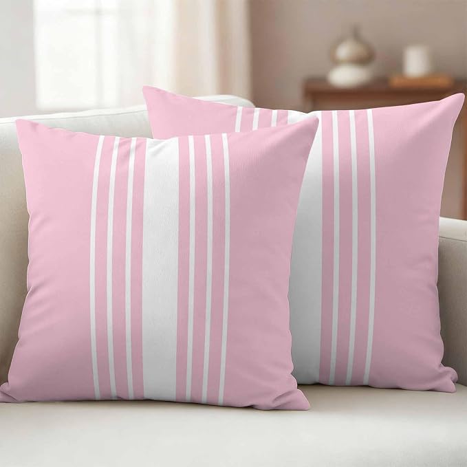Pink White Stripe Outdoor Pillow Covers 20x20 Inch Throw Pillow Covers Set of 2 Waterproof Decorative Pillow Cases Modern Rustic Vertical Striped Cushion Covers for Patio Furniture Garden Couch Sofa