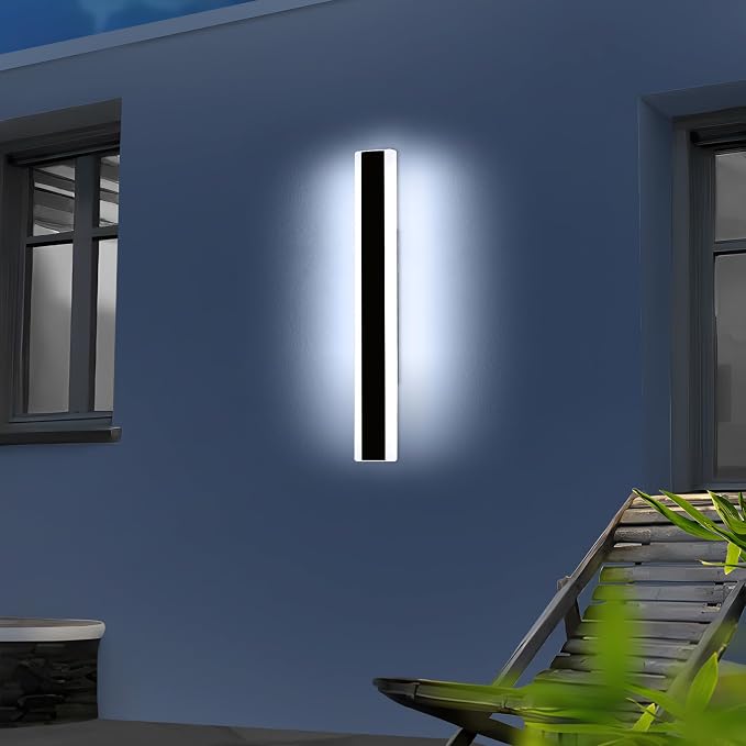 23.6inch Modern Outdoor Wall Light, Black Linear Long LED Wall Sconce, 6000K Cold White, 24W, IP65 Waterproof, Exterior Wall Light Fixture Garage Lighting for Porch, Patio, Yard, House, Garden
