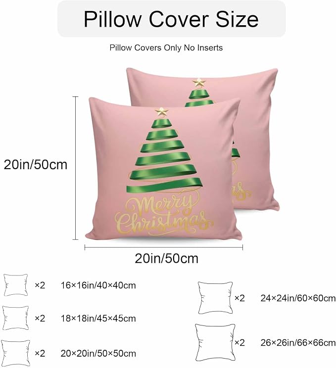 Pink Christmas Tree Outdoor Pillow Covers 26 x 26 Inches, Green Xmas Tree with Star Waterproof Throw Pillow Cover Set of 2, Christmas Pink Decorative Square Cushion Covers for Patio/Couch