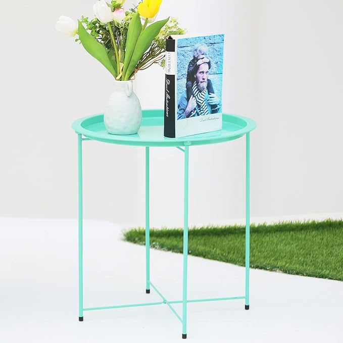 Garden 4 you End Table Metal Side Table Green Round Folding Tray Cyan Sofa Small Accent Fold-able Table, Round End Table Tray, Next to Sofa Table, Snack Table for Living Room and Bed Room