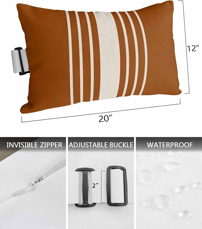 Pack of 4 Outdoor Lumbar Pillow Covers 12x20 Inch, Burnt Orange Beige Striped Waterproof Throw Pillow Covers Set, Modern Farmhouse Retro Lines Indoor&Outdoor Cushion Cases for Patio Porch Beach
