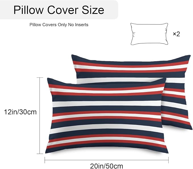 Red Navy Blue Striped Outdoor Pillow Covers Waterproof, All Weather Cushion Case Set of 2, Contemporary Minimalist Aesthetic Lumbar Pillowcase for Sofa Couch Bed Decor Patio Furniture 20"x12"