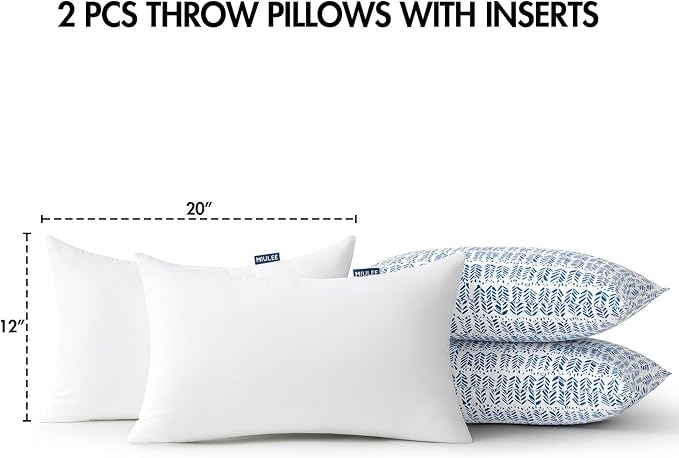 MIULEE Outdoor Lumbar Pillows with Inserts Set of 2 12x20 Inch Dark Blue | Patio Waterproof Fade Resistant Fluffy Throw Pillows Decorative Garden Natural Accent Leaves Cushion for Home Sofa Decor