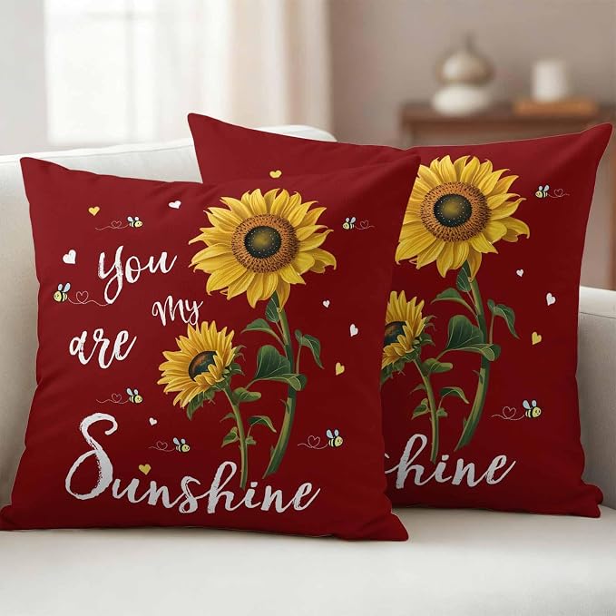 You Are My Sunshine Outdoor Pillow Covers Set of 2 Vintage Country Yellow Sunflower Floral Bees Heart Red Waterproof Throw Pillow Cover Decorative Cushion Cases for Patio Porch Garden 26X26 Inch