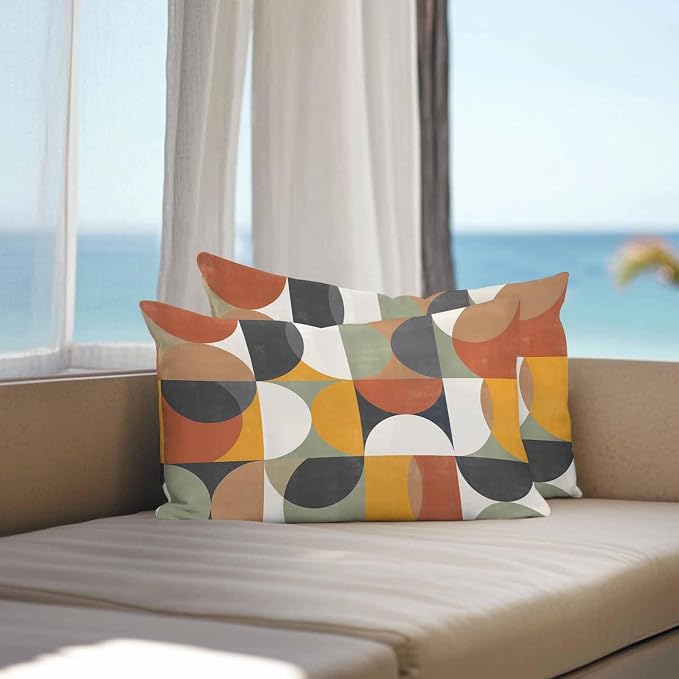 Vandarllin Outdoor Throw Pillows Covers 20x12 inch Set of 2 Waterproof Mid Century Geometric Decorative Zippered Cushion Covers for Patio Furniture, Abstract Modern Retro Lumbar Pillowcases