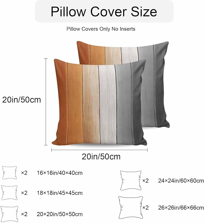 Throw Pillow Covers 18x18 Inch Set of 2, Burnt Orange Gray Ombre Waterproof Outdoor Cushion Covers, Vintage Farmhouse Wooden Decorative Pillowcases for Couch, Sofa, Bed, Garden, Patio
