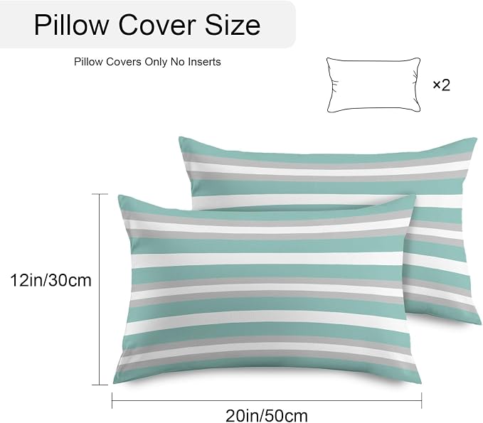 Aqua Grey Stripe Outdoor Pillow Covers Waterproof, All Weather Cushion Case Set of 2, Minimalist Farmhouse Striped Lumbar Pillowcase for Sofa Couch Bed Decor Patio Furniture 20"x12"