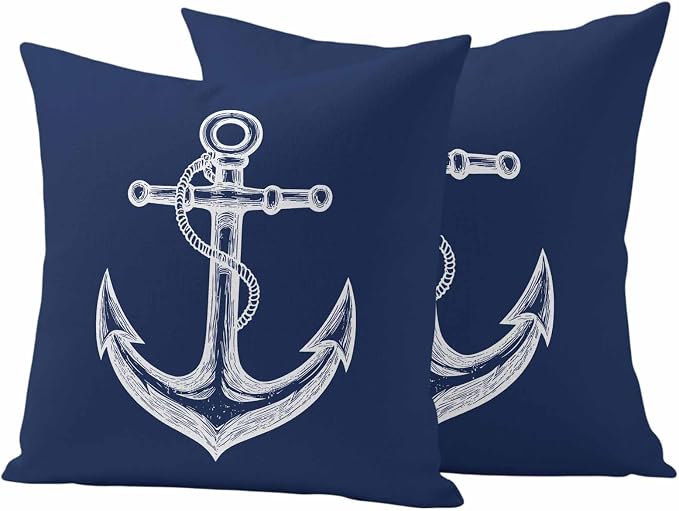Nautical Outdoor Waterproof Throw Pillow Covers Set of 2, 16"x16", Anchor Rope Coastal Navy Blue Minimalist Decorative Pillow Covers Outside Cushion Case for Patio Porch Garden