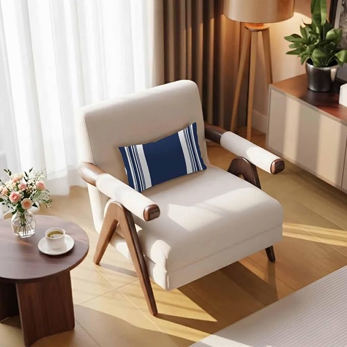 Outdoor Lumbar Pillow Set of 1, Farmhouse Navy Blue Waterproof Beach Headrest Pillow with Inserts, Aesthetic Modern Line Striped Recliner Throw Pillows for Patio Furniture, 11 x 16