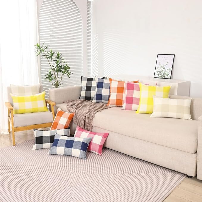 CARRIE HOME Yellow Buffalo Plaid Summer Outdoor Pillow Covers 18x18 Set of 2, Yellow Checkered Decorative Couch Pillow Covers 18 x 18, Front and Back Porch Decor Pillows for Patio Furniture