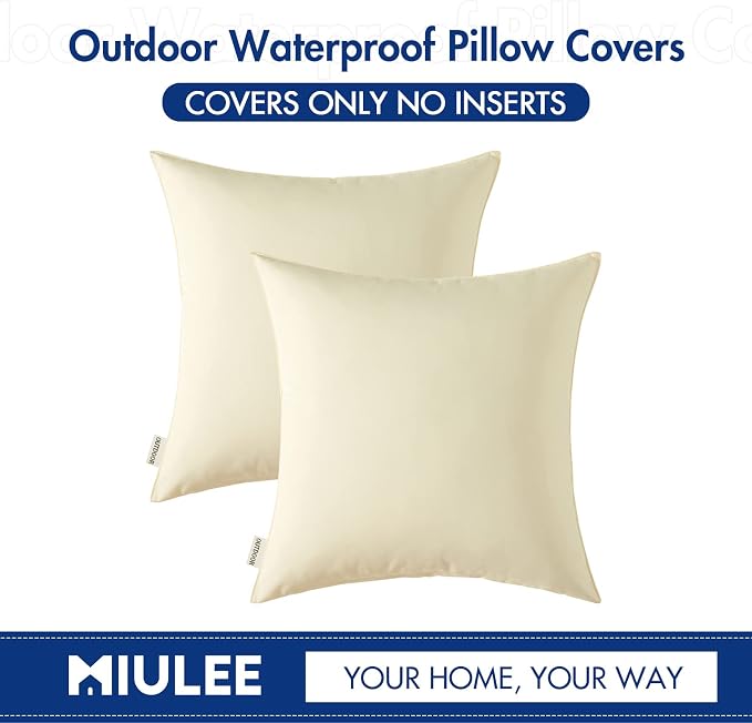 MIULEE Decorative Outdoor Waterproof Pillow Covers 16x16 Beige | Decorative Patio Furniture,Pack of 2,Accent Square Soild Throw Pillow Covers,Summer Garden Tent Couch Sofa