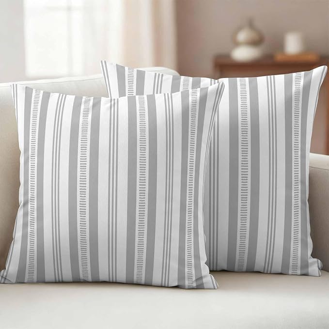 Gery Striped Outdoor Waterproof Pillow Covers, Farmhouse Stripes Modern Geometric Decorative Square Throw Pillowcase Sofa Cushion Sham for Patio/Couch/Chair, 26"x26" 2 Pack
