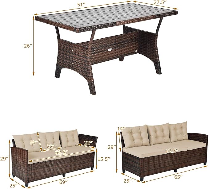 HAPPYGRILL 3 Pieces Wicker Patio Conversation Set, Outdoor Rattan Sofa Set with Cushions, Patio Furniture Set with Coffee Table for Patio Garden Lawn Poolside and Backyard