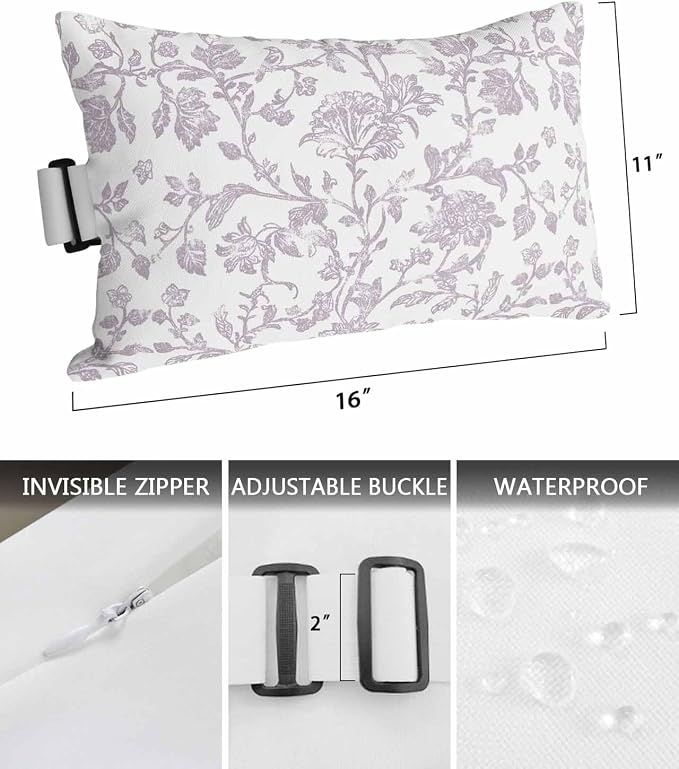 Pack of 2 Outdoor Lumbar Pillow Covers 11x16 Inch, Spring Flower Waterproof Throw Pillow Covers Set, Vintage Farmhouse Light Purple Boho Leaf Indoor&Outdoor Cushion Cases for Patio Porch Beach
