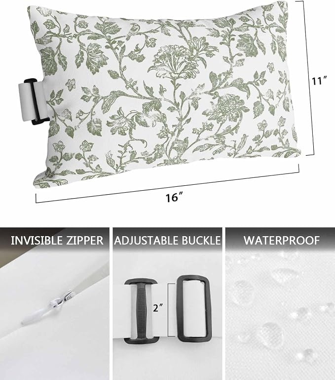 Pack of 2 Outdoor Lumbar Pillow Covers 11x16 Inch, Sage Green Flower Waterproof Throw Pillow Covers Set, Vintage Farmhouse Boho Leaf Spring Indoor&Outdoor Cushion Cases for Patio Porch Beach
