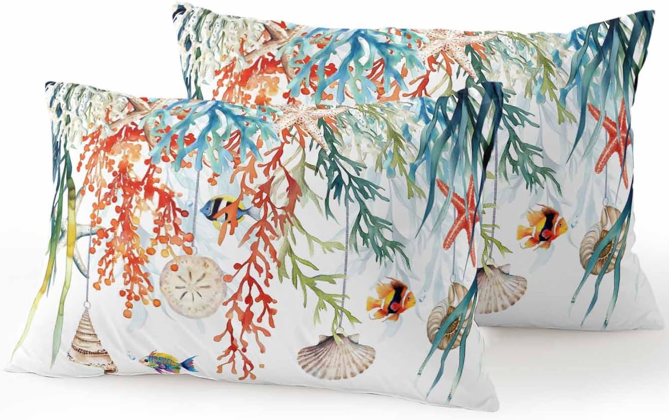 Outdoor Waterproof Throw Pillows Summer Colorful Coral Shell Conch Patio Pillows Pack of 2,Decorative Pillow Covers with Insert,Pillow Cushion Case for Garden Couch Sofa Sea Starfish Fish Marine Life