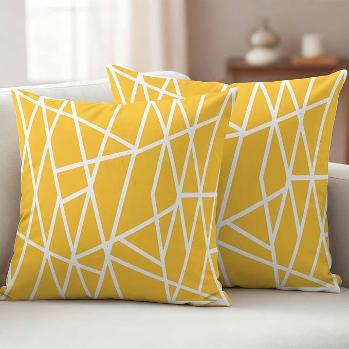 Outdoor Pillow Covers Waterproof, Yellow Geometric Decorative Square Throw Pillowcases Patio Cushion Covers for Tent/Garden, 20" x 20" 2 Pack, Abstract Stripes Modern Minimalist