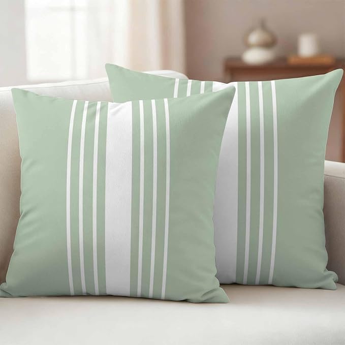 Sage Green White Stripe Outdoor Pillow Covers 20x20 Inch Throw Pillow Covers Set of 2 Waterproof Decorative Pillow Cases Modern Rustic Vertical Striped Cushion Covers for Patio Furniture Garden Couch