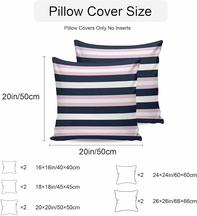 Pink Navy Blue Striped Outdoor Pillow Covers Waterproof, All Weather Cushion Case Set of 2, Minimalist Abstract Lines Artwork Decorative Pillowcases for Sofa Couch Bed Decor Patio Furniture 18"x18"