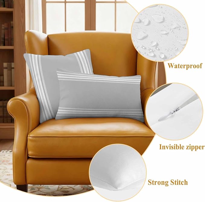 Outdoor Pillow Covers 20x20 Set of 2 Grey Stripes Outdoor Pillows Waterproof Throw Pillow Covers French Stripe Farmhouse Style Pillowcases Decorative Case for Patio Cushion