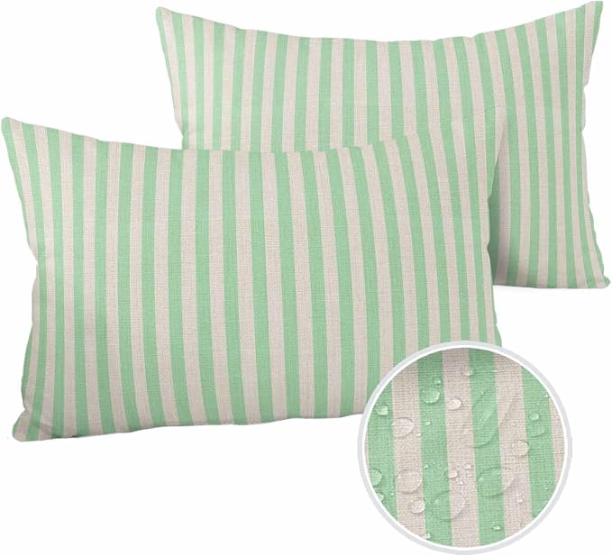 Outdoor Waterproof Throw Pillow Covers Set of 2 Green Stripes Lumbar Pillowcases 20x12 Inches Linen Classic Vertical Striped Patio Decorative Pillows Cushion Case Patio Pillows for Couch Bed Garden